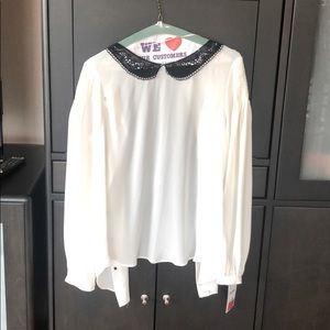 White Zara blouse with black lace Peter Pan collar